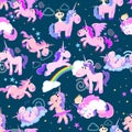 Cute unicorn seamless pattern, magic pegasus flying with wing and horn on rainbow, fantasy horse vector illustration Royalty Free Stock Photo