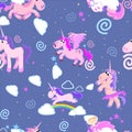 Cute unicorn seamless pattern, magic pegasus flying with wing and horn on rainbow, fantasy horse vector illustration Royalty Free Stock Photo