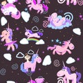 Cute unicorn seamless pattern, magic pegasus flying with wing and horn on rainbow, fantasy horse vector illustration Royalty Free Stock Photo