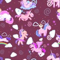 Cute unicorn seamless pattern, magic pegasus flying with wing and horn on rainbow, fantasy horse vector illustration Royalty Free Stock Photo