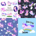 Cute unicorn seamless pattern, magic pegasus flying with wing and horn on rainbow, fantasy horse vector illustration Royalty Free Stock Photo