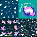 Cute unicorn seamless pattern, magic pegasus flying with wing and horn on rainbow, fantasy horse vector illustration Royalty Free Stock Photo