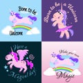 Cute unicorn set, magic pegasus flying with wing and horn on rainbow, fantasy horse vector illustration, myth Royalty Free Stock Photo