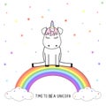 Cute unicorn sits on colorful rainbow. Graphics for t-shirts.