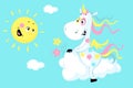 Cute Unicorn Sitting on a Cloud and Smiling Sun - Vector Royalty Free Stock Photo