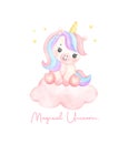 Cute unicorn sitting on cloud watercolor dreamy nursery Art illustration. Magical Unicorn