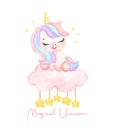 Cute unicorn sitting on cloud watercolor dreamy nursery Art illustration. Magical Unicorn