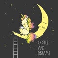 Cute unicorn sitting on moon and drink coffee,night sky with stars Royalty Free Stock Photo