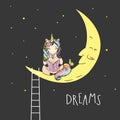 Cute unicorn sitting on moon and read book,night background or card Royalty Free Stock Photo