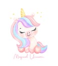 Cute unicorn sitting watercolor dreamy nursery Art illustration. Magical Unicorn