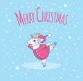 Cute unicorn skates with a Santa Claus coat and hat on blue background with snowflakes