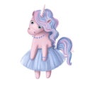 cute unicorn in skirt, watercolor style fantasy illustration with cartoon character
