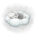 Cute unicorn sleeping on a cloud. illustration in pastels colors. poster for nursery, postcard, children`s album.