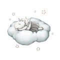 cute unicorn sleeping on a cloud. illustration in pastels colors. poster for nursery, postcard, children's album.