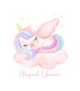 Cute unicorn sleeping on cloud watercolor dreamy nursery Art illustration. Magical Unicorn