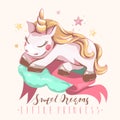 Cute unicorn, sleeping, dreaming on a mint color cloud with pink ribbon, beautiful stars and lettering, typography Royalty Free Stock Photo