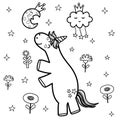 Cute unicorn and sleeping moon coloring page. Fantasy coloring book