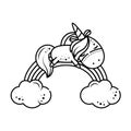 A cute unicorn sleeps on a rainbow in the sky. Isolated object on a white background. Outline icon, Coloring page for