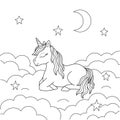 Cute unicorn sleeps in the sky among the stars.