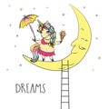 Cute unicorn standing on moon,magic animal with umbrella and ice cream