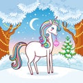 Cute unicorn stands in the middle of a winter forest. Vector illustration of a mythical animal