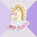 Cute unicorn sticker. Unicorn with pink glasses, in cloud with words Hell Yeah on bottom. Colored horn and horse mane