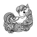 Cute unicorn sweet cupcake. Kawaii cartoon pony animals. Doodle style. Black and white image. Vector Royalty Free Stock Photo