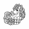 Cute unicorn sweet cupcake. Kawaii cartoon pony animals. Doodle style. Black and white image. Vector