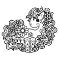 Cute unicorn sweet cupcake. Kawaii cartoon pony animals. Doodle style. Black and white image. Vector