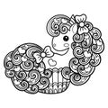 Cute unicorn sweet cupcake. Kawaii cartoon pony animals. Doodle style. Black and white image. Vector