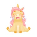 Cute Unicorn with Twisted Horn and Pink Mane Sitting and Crying Shedding Tears Vector Illustration