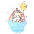 Cute Unicorn vector with balloon and rainbow on cloud and mini heart pastel color, Happy birthday party, Kawaii pony cartoon