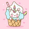 Cute Unicorn vector eat icecream cone sweet dessert pastel color pony cartoon Kawaii Character Royalty Free Stock Photo