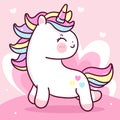 Cute Unicorn vector fly on pastel sky with heart cloud pony cartoon kawaii animals background Valentines day gift Royalty Free Stock Photo