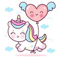 Cute Unicorn vector with heart balloon fly on pastel sky with sweet rainbow cloud and heart pony cartoon kawaii animals background Royalty Free Stock Photo