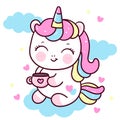 Cute Unicorn vector holding coffee cup sweet dessert pastel color pony cartoon Kawaii Character illustrations isolated on white