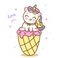 Cute Unicorn vector with ice cream yummy dessert pony cartoon