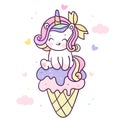 Cute Unicorn vector on icecream cone sweet dessert pastel color Kawaii Cartoon illustrations isolated on white. Kid food