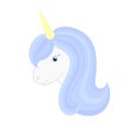 Cute unicorn. Vector isolated unicorn head with beautiful blue mane and horn.