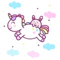 Cute Unicorn vector Kawaii pony character and bunny rabbit cartoon jump on clouds pastel color