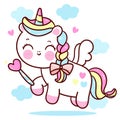 Cute Unicorn vector pegasus holding magic wand fly on pastel sky with sweet cloud and heart pony cartoon kawaii animals background Royalty Free Stock Photo