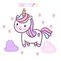 Cute Unicorn vector pony cartoon with cloud and heart Pastel color, Nursery decoration, Kawaii character heart catoon background