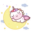 Cute Unicorn vector pony cartoon on moon, magic sleeping time for sweet dream pastel color, Kawaii character style with star Royalty Free Stock Photo