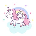 Cute Unicorn vector pony with rabbit cartoon on could and rainbow, Kawaii character