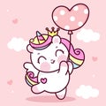 Cute Unicorn vector princess pegasus holding heart balloon pastel sky with sweet cloud pony cartoon kawaii animals background Vale Royalty Free Stock Photo