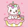 Cute Unicorn vector sit on sweet cupcake dessert pastel color pony cartoon Kawaii Character illustrations isolated on white