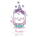 Cute Unicorn vector with sweet cup cake cartoon, Happy birthday party, Kawaii animal pony, Doodle Nursery decoration Royalty Free Stock Photo