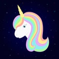 Cute unicorn. Vector unicorn head with beautiful rainbow mane and horn. Starry background.