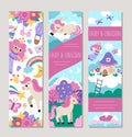 Cute unicorn vertical cards set with fairy, castle, magic forest, rainbow. Vector fairytale vertical print templates. Fantasy Royalty Free Stock Photo