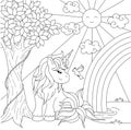 Cute unicorn watching rainbow on the pond for design element and coloring book page. Vector illustration Royalty Free Stock Photo